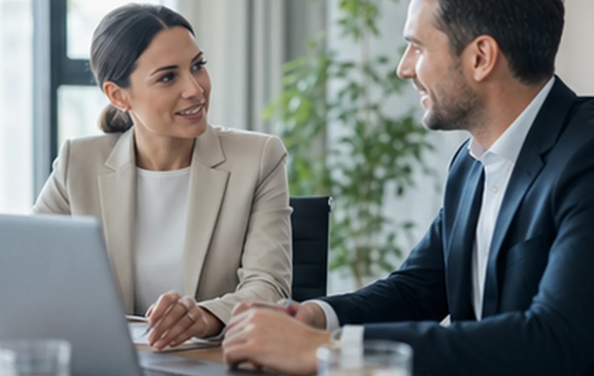 Calm business conversation between senior consultants and a client