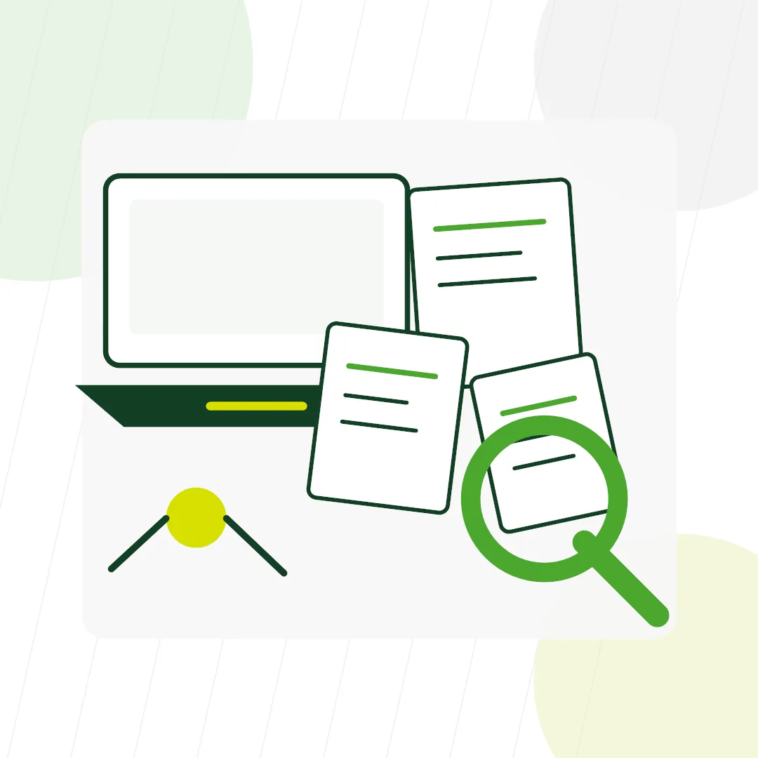 Illustration of documents, a laptop, and a magnifying glass representing time lost searching for information