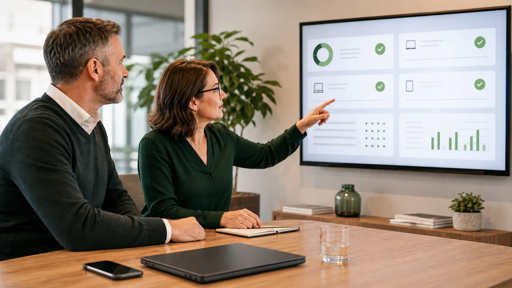 Practice manager and consultant reviewing a lost-laptop response dashboard