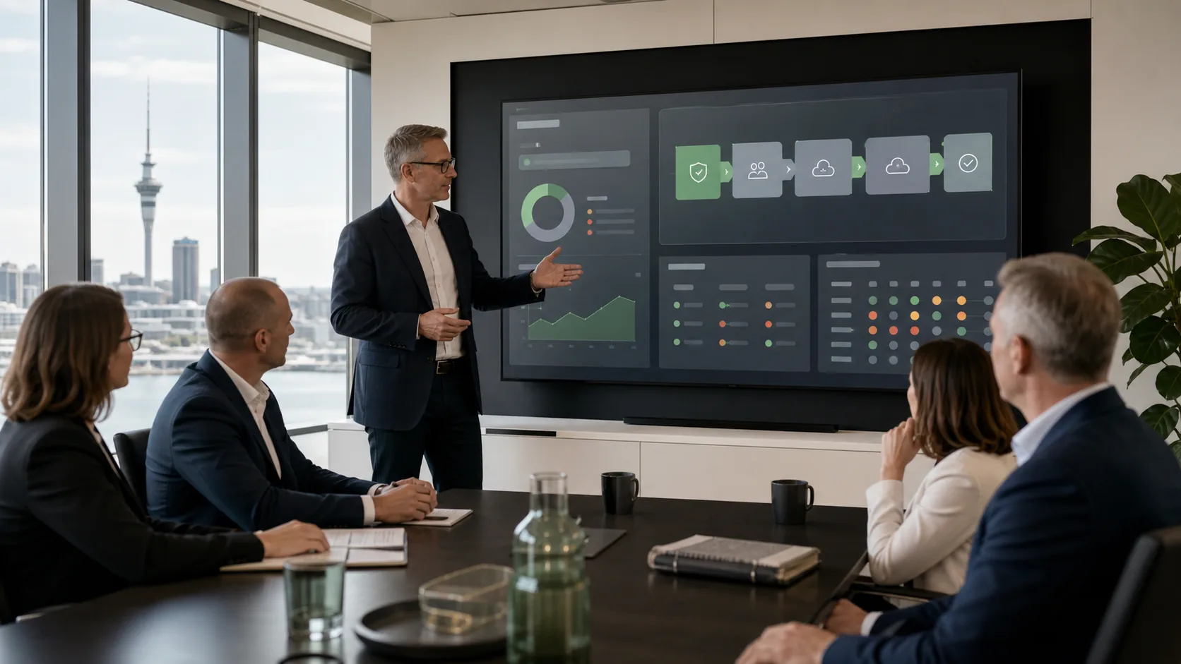Senior IT consultant reviewing a strategic technology roadmap with firm leaders